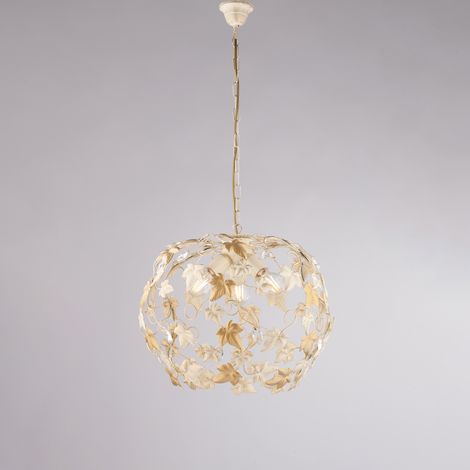 Hängender Kronleuchter aus Eisen Elfenbein Gold und Strasssteinen drei Lichter 50x h45 cm Efeu
