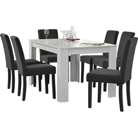Mesa de comedor (blanca) + 6 sillas de comedor en gris oscuro - 140x90cm 030004237