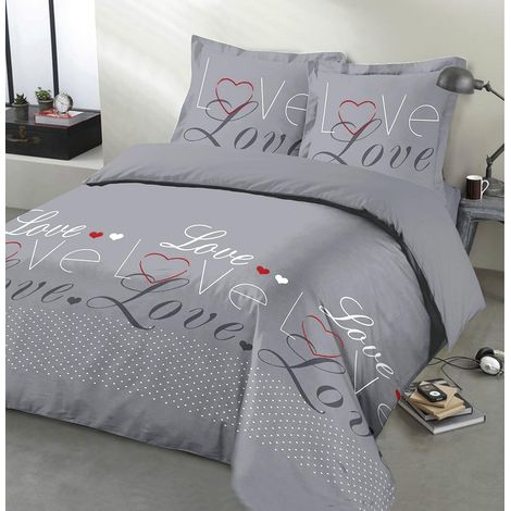 Parure de lit Love - 100% Coton - Cœurs - Coloris: Gris - Set de Housse de Couette 260x240 cm avec 2 taies d'oreiller pour lit Kingsize 2 Personnes - Fibres Naturelles - Certifié Oeko-Tex (1/5)