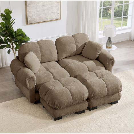 Canapé modulable 2 places marron en chenille avec ottomane mobile et coussins épais (1/5)