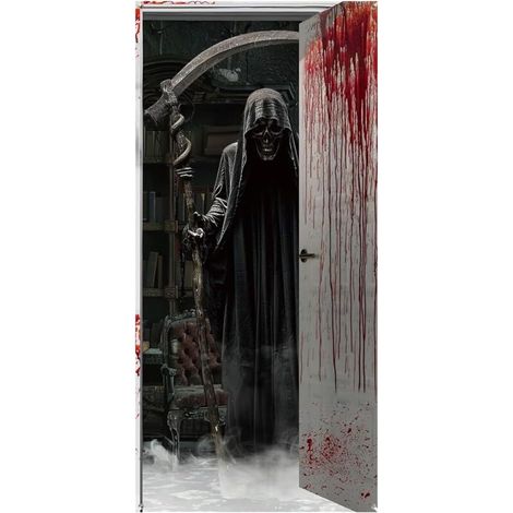 Rideau de porte d'Halloween avec œillets, rideau de douche 90x180cm, motif sanglant, en polyester, rideau de porte effrayant, thème Faucheuse pour les timides (1/5)
