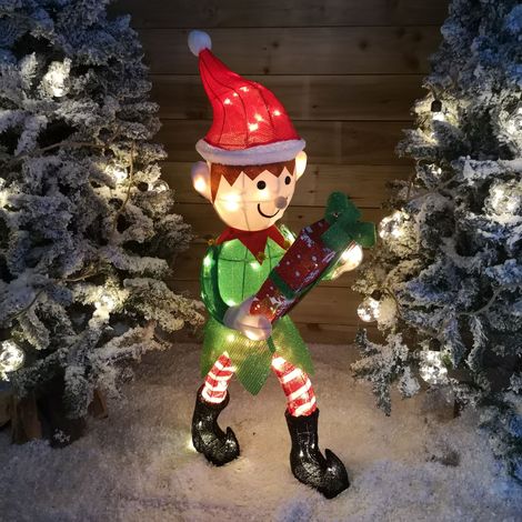 107cm Warm White LED Lit Elf Character with Present Christmas Decoration in Green and Red (1/5)