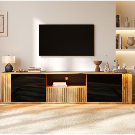 Mueble TV 180x40x51 cm de MDF y paneles de madera negro con almacenaje (1/5)