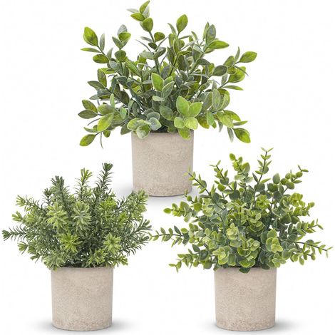 Lot de 3 mini plantes artificielles en plastique -Eucalyptus en pot pour la maison ou le bureau (1/5)