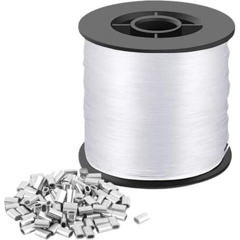 0,8 mm x 200 m reißfestes, transparentes Nylongarn mit 100 Aluminium-Quetschhülsen, Angelschnur, für DIY-Projekte, Angeln, Basteln, Schmuckherstellung und zum Aufhängen (1/5)