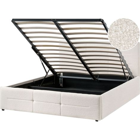 Lit Double Scandinave Moderne Bouclé 140 x 200 cm Sommier à Lattes Relevable avec Rangement Blanc Cassé Massognes (1/5)