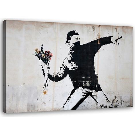 Tableau sur toile, Banksy Hooligan jetant un bouquet de fleurs - 90x60 (1/5)