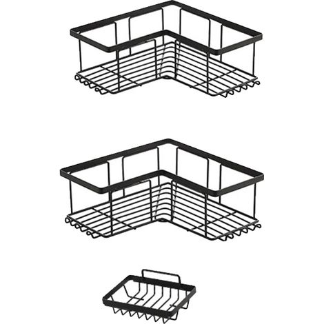Support de rangement sans poinçon en trois pièces pour salle de bain, support de rangement d'angle noir, triangulaire (1/5)