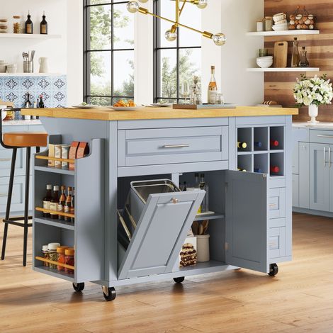 Desserte de cuisine pliante 143x45/75x91 cm, avec tiroirs, range-bouteilles, support latéral, bleu (1/5)