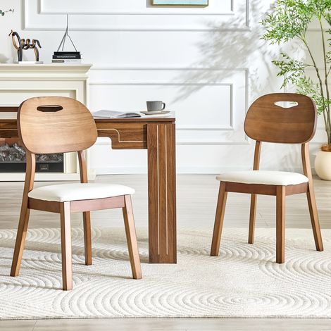 Chaise de salle à manger en bois d’hévéa et PU blanc, dossier ovale rembourré avec poignée, lot de 2 (1/5)