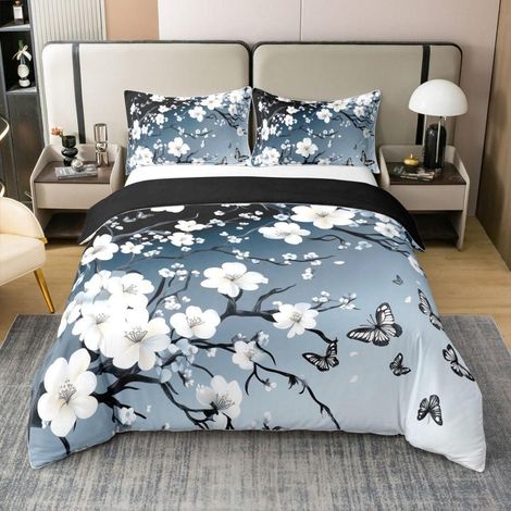 Bettwäsche-Set 155x220 cm 100% Baumwolle mit Blumen und Schmetterlingen