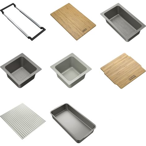 Franke – Panier égouttoir d'évier avec rail télescopique – Planche à découper en bambou – 2 paniers égouttoirs – Couvercle en bambou – Egouttoir amovible en silicone (1/5)