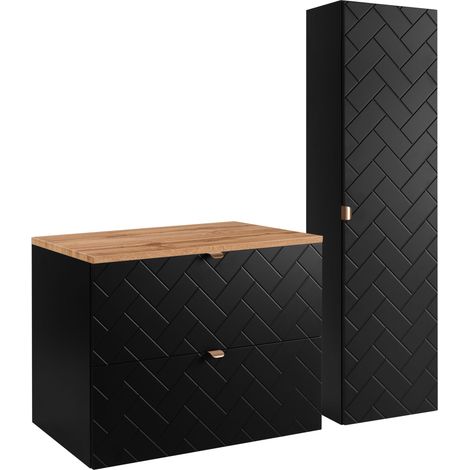 Furnidea - Ensemble un meuble sous vasque 80 cm avec le plan CHÊNE et une colonne 35/136 cm à suspendre MADIS NOIR - façades motif chevron (1/5)