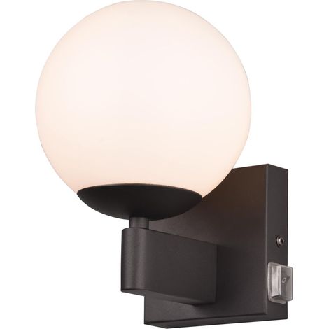 KULA APPLIQUE BAGNO METALLO NERO E VETRO BIANCO CON INTERRUTTORE IP44 H. 20CM 1 LUCE ATTACCO E14 (1/4)