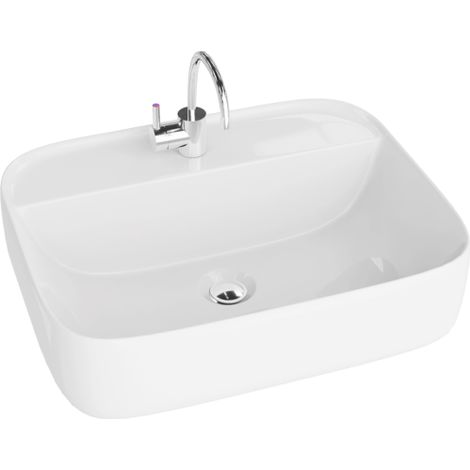 LAVITA Aufsatzwaschtisch Karawela Aufsatzwaschbecken Rechteckig Waschbecken ohne Überlauf und mit Hahnloch Aus hochwertigem Porzellan Waschtisch 50x40x14,5 cm Weiß Glanz (1/5)
