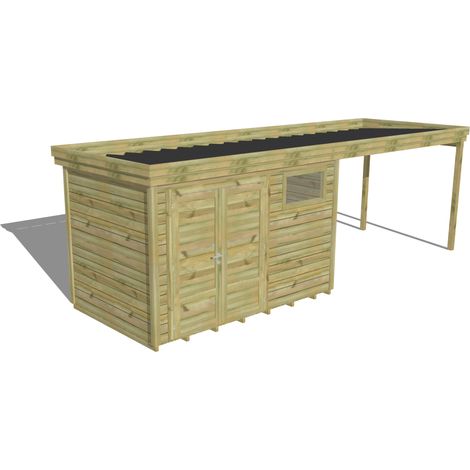ABRI DE JARDIN bois Pin autoclave 27mm - 6,94x2,14m / 14,9m2 - Bac acier - Plancher bois