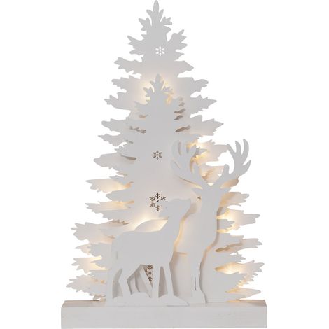 Deko-Leuchte -Fauna', 3D, weißes Holz, Rentiermotiv, 10 LEDs, warmweiß, H 44cm, B 28cm (1/3)