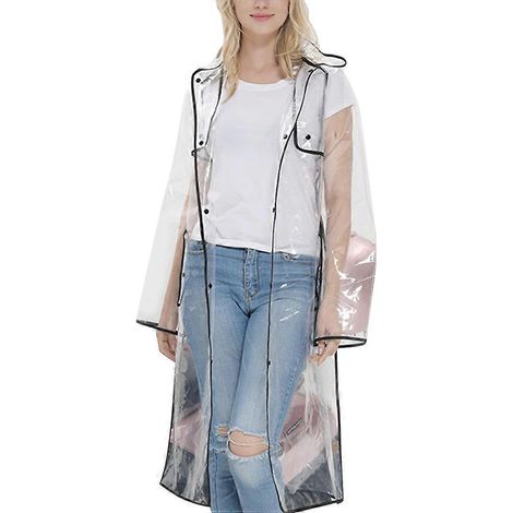 Imperméable transparent tendance, joli imperméable à capuche pour filles, mi-long, léger, noir (noir, taille XXL)-XXL-Black