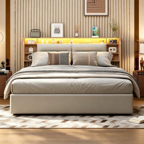 JOOKGBD-Lit coffre 140x200 cm en simili-cuir blanc, tête de lit triple étagère, éclairage RGB app/télécommande, relevage hydraulique, grand coffre sous lit pour chambre adulte sans matelas inclus (1/5)