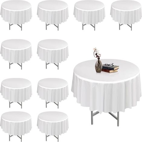 Lot de 10 Nappes Rondes en Plastique Blanches de 214 cm, Nappe Imperméable Ronde en Plastique Jetable, Nappe Décorative Réutilisable pour Noël Carnaval Anniversaire Mariages Banquet Réception (1/5)