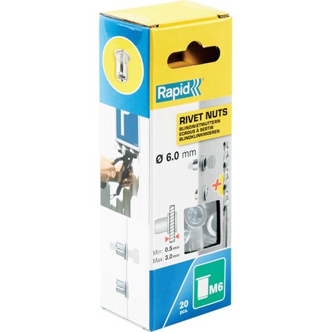 RAPID - M6 - Écrous à sertir pour vis Ø6mm, fixation métalique solide - Blister de 20 + 1 Forêt Ø9mm - (5000673)