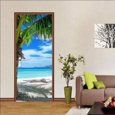 Sticker Porte Poster Trompe l'oeil - Plage Ensoleillée avec Palmiers 77 x 200 cm - Décoration Murale Autoadhésif pour Salon (1/3)