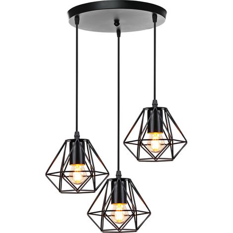 Lustre Suspension Industriel Cage forme Diamant Vintage Ø16cm , Lustre Abat-Jour Eclairage de Plafond 3 Edison Culot E27 Lampe de Plafond ,Noir BLOW (1/5)