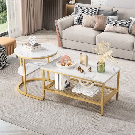Tables basses gigognes lot de 2 – Effet marbre – Cadre métallique doré étagère de rangement – Gain de place - style contemporain – Table d’appoint idéal salon chambre bureau