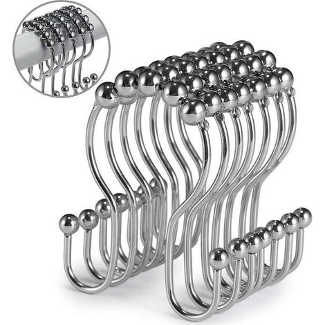 Lot de 12 crochets de rideau de douche en acier inoxydable antirouille avec double crochet coulissant anti-chute pour rideau de douche de salle de bain (chromé)