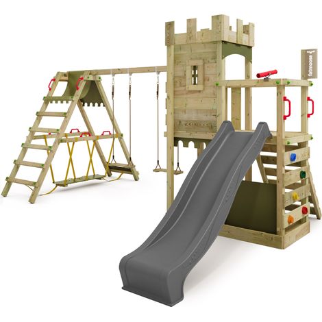 Torre de escalada de madera Fatmoose BoldBaron Boost estilo castillo con Surf en antracita