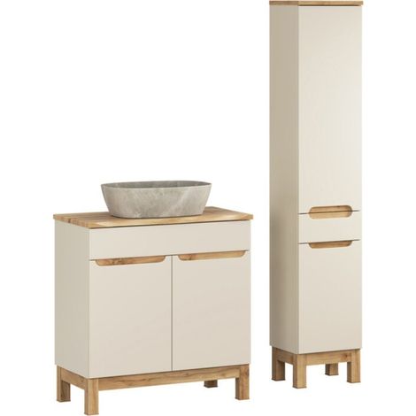 ERMANO Kaschmir-Set 115cm: Unterschrank + abgeschrägte Arbeitsplatte für Waschbecken + graues Aufsatzwaschbecken + Säule