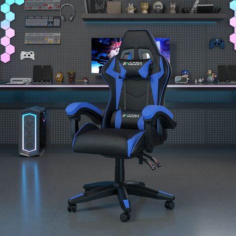 Ergonomic PU Leather Racing Gaming Chair with Headrest and Lumbar Pillow Swivel Office Chair Black + Blue