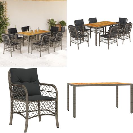 7-tlg. Garten-Essgruppe mit Kissen Grau Poly Rattan - Gartengestelle - Gartenmöbelset - Outdoor Möbel - Esstisch - Gartenstuhl - Home & Living (1/5)