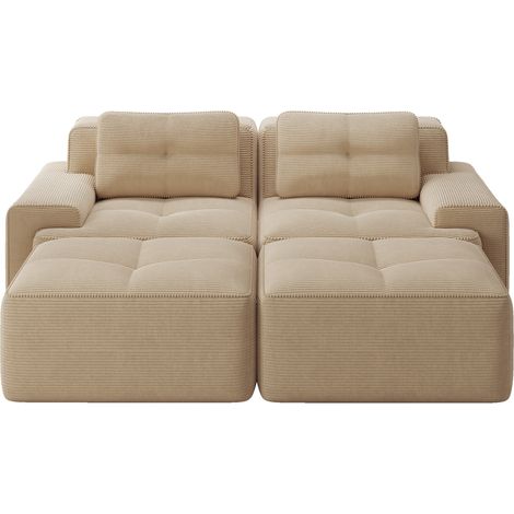 Beiges U-Modulsofa aus Cord, mit Ottomane, ohne Montage, 204 x 177 x 69 cm (1/5)