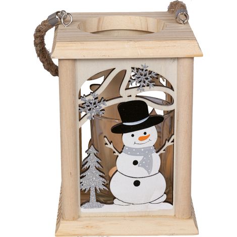 HGD Holzlaterne Schneemann mit Glas-Teelichthalter 11,5 x 11,5 x 16 cm natur