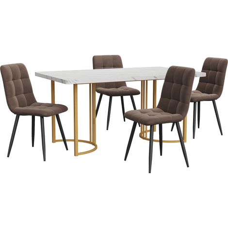 Set tavolo da pranzo 5 pezzi 140x80 cm MDF bianco con 4 sedie in velluto marrone (1/5)