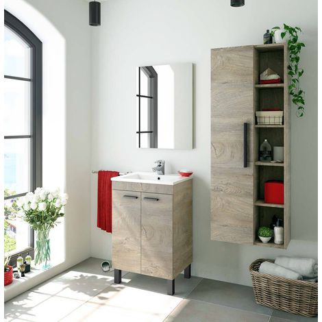 Dmora - Meuble de comptoir Dkolaro, Armoire de toilette, Armoire 2 portes avec miroir, évier non inclus, 50x40h80 cm, Chêne (1/5)