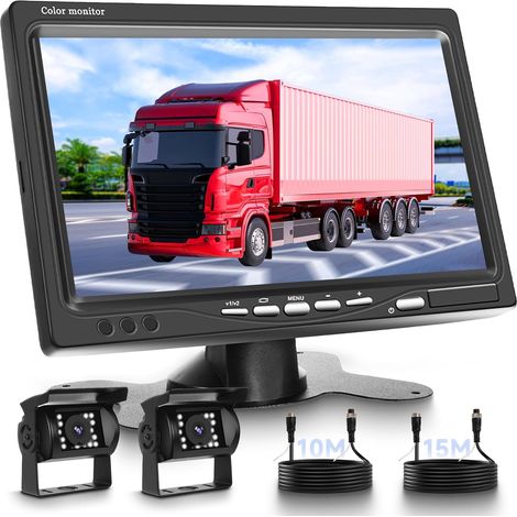 Camera de Recul pour Voiture 2 Caméras avec Moniteur LCD 7 Pouces, Caméra de Recul IR Vision de Nuit étanche IP68 avec 15M+10M Câble, pour Camping Car/Camion/RV/Remorques/Agricole/Motorhome 12V-24V (1/5)