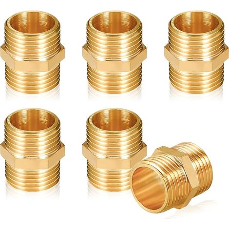 Lot de 6 doubles 3/4" (diamètre 25 mm), filetage extérieur en laiton, double mamelon hexagonal 3/4", raccord 2 x AG en raccord fileté pour raccord de tuyau, installation d'eau potable (1/5)