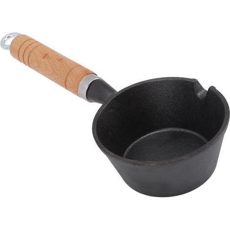 Mini sartén de hierro fundido de 11 cm de profundidad con mango de madera，apta para inducción y gas，con boquilla para verter，5 cm de altura (1/5)