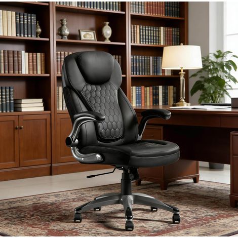 Silla de oficina 67.5x73x110.5-120 cm negra de PU, malla y metal con reposabrazos abatibles (1/5)