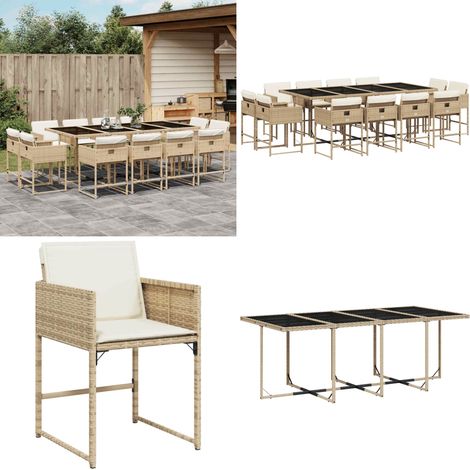 Set comedor de jardín con cojines 13 pzas ratán sintético beige - Sillas de jardín - Cojines para sillas