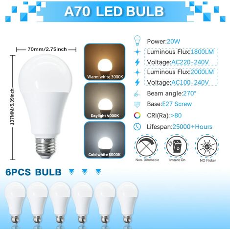 (6 ampoules, lumière naturelle 4000K) Ampoules LED A70, sans scintillement, indice de rendu des couleurs CRI 80+, convient aux chambres, couloirs, etc. (1/5)