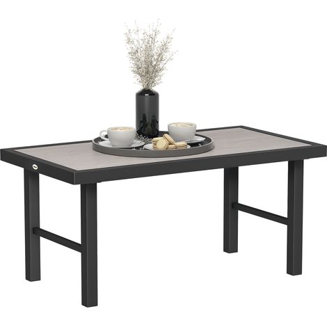 Rechteckiger Gartentisch aus schwarzem Metall mit SPC-Tischplatte in Holzoptik, Maße 100 x 52 x 46 cm, ideal für den Außenbereich