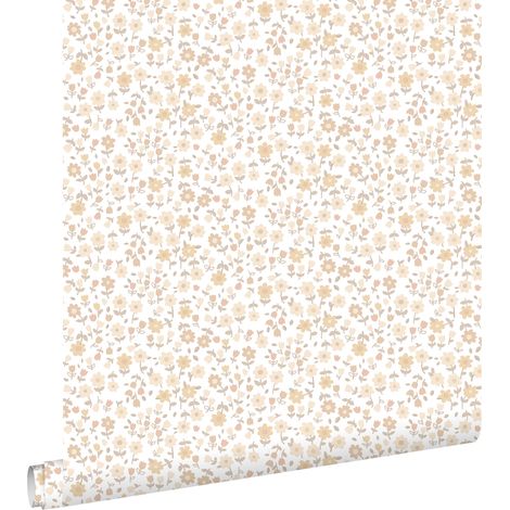 Papier peint intissé fleurs beige – Dimensions 53cm x 10,05m – Raccord sauté – Écologique et facile à poser – Estahome