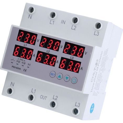 Voltmètre-ampèremètre triphasé Eosnow sur rail DIN, avec protection automatique contre les surtensions et les surintensités, 390 à 500 V CA, 63 A (1/3)