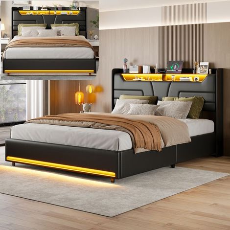 Beleuchtetes Bett 140x200 cm mit LED, Doppelbett 140x200 cm mit Lattenrost, Kopfteil mit Stauraum und USB, Bett 140x200 cm Schwarz
