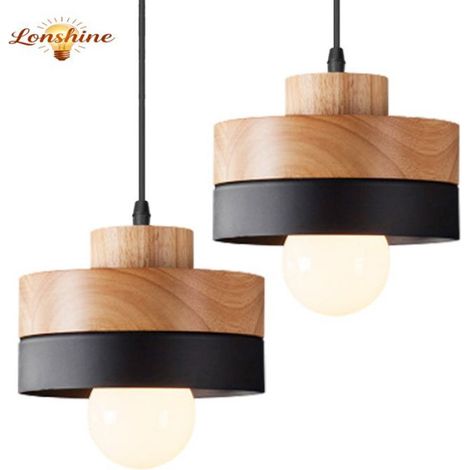 LONSHINE 2er-Set moderne runde Pendelleuchten mit Holz- und schwarzem Metallschirm, E27-Fassung für Wohn- und Schlafzimmer (1/5)