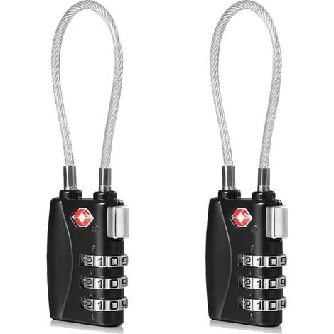 Cadenas - Disponibles en tailles 1, 2, 3, 4, 5 et 6 : cadenas à combinaison à 3 chiffres avec câble en acier de sécurité pour valises et sacs de voyage - Noir (paquet de 2) (1/5)