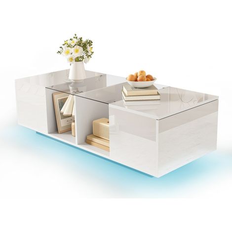 Table basse blanche moderne 120 x 50 x 38,5 cm avec éclairage LED, plateau laqué brillant, design épuré et fonctionnel (1/5)